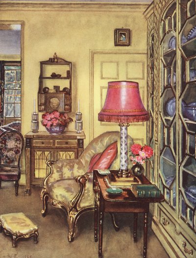 Indvendig dekoration: En lille gul dagligstue (farvelitografi) af William Bruce Ellis Ranken