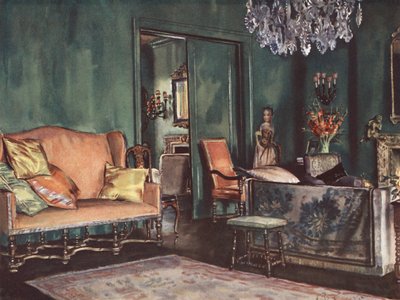 Indvendig udsmykning: En stue med grønne vægge (farvelitografi) af William Bruce Ellis Ranken