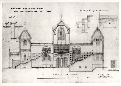 Detaljer om indgange, trapper, døråbning til ovnkammer og gelændere, (New Big School), Rugby School, 1844 (sort blæk, blyant og wc) af William Butterfield