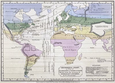 Isotermisk diagram, eller udsigt over klimaer og produktioner, illustration fra beretninger af Alexander von Humboldt, 1823 af William C. Woodbridge