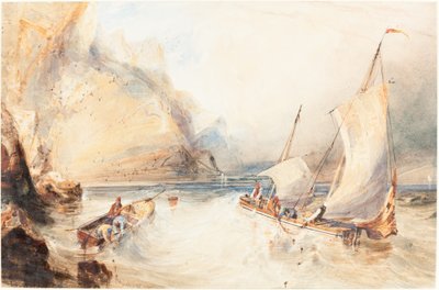 Franske fiskerbåde ud for en klippekyst af William Callow