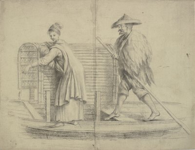 kinesisk scene. Mand og kvinde på en flodbåd af William Chambers