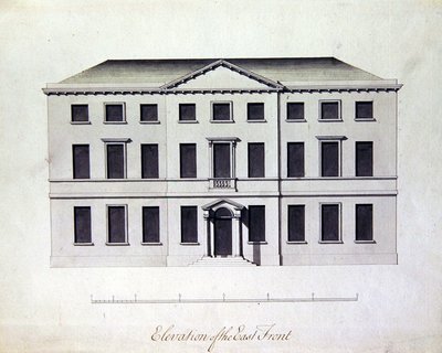 Design til Enville Hall i Staffordshire, ca. 1770 (pen & blæk med gråblå vaske) af William Chambers