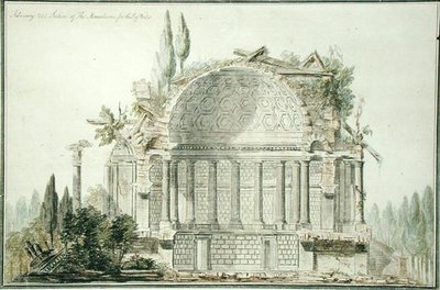 Design til et ødelagt mausoleum for prinsen af Wales (1738-1820) 1752 (pen, blæk og akvarel på papir) af William Chambers