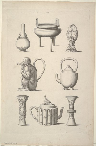 Design til bordservice, plade XV med design af kinesiske bygninger, møbler, kjoler, maskiner og redskaber. af William Chambers