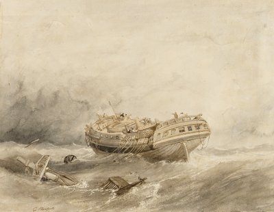 Et handelsskib afspores i den ro, der følger efter stormen. Akvarel (34,4x44,5 cm) af Clarkson Stanfield (1793-1867) af William Clarkson Stanfield