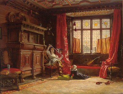 En kavaler i et mørklagt indre, en fugl på sit sværd, 1843 af William Collingwood