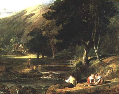 Borrowdale, Cumberland, med børn, der leger ved en strøm af William Collins