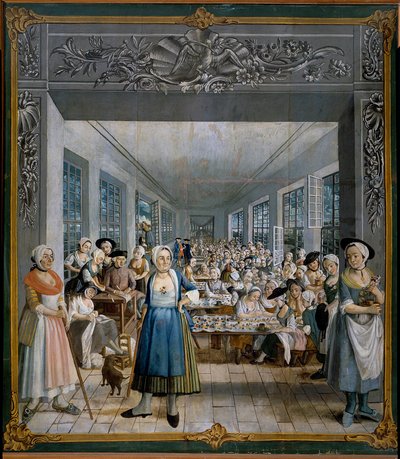 Wetter Brothers Indian Fabric Factory: Arbejderværkstedsmaleri af Joseph Gabriel Rossetti (1700-tallet). 1764 Orange, Musee Municipal - Fremstilling af indisk stof fra Wetters brødre: det kvindelige arbejderværksted. Maleri af Joseph Gabriel Ross af William Crawford