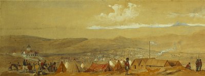 Krim: Panoramaudsigt over Sebastopol, der viser de militære lejre og havnen; og en panoramaudsigt over Inkerman, der viser en militærlejr og kavaleri ved daggry, af William Crimea Simpson