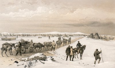 1. divisions lejr, der ser mod nord mod lejren for 2. division, Inkermanns højder i det fjerne af William Crimea Simpson