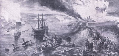 Sevastopols fald og russernes tilbagetog, 8. september 1855, illustration fra britiske slag på land og hav, 1915 af William Crimea Simpson