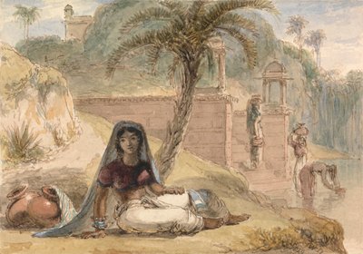 Indisk pige, der sidder ved en flod af William Daniell