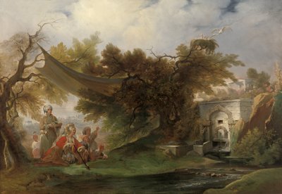Indisk landskab med figurer nær en strøm (olie på lærred) af William Daniell