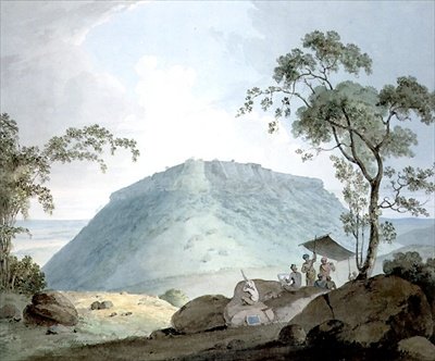 Sydøst udsigt over Hill Fort of Bijaigaih, Bihar (akvarel på papir) af William Daniell