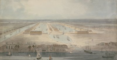 The New Docks, Isle of Dogs (blyant, blæk og vask på papir) af William Daniell