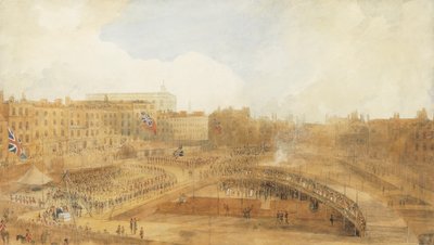 Prinsen af Wales, der lægger grundstenen til Theatre Royal, Covent Garden, 31. december 1808 (blyant, pen & brunt blæk & akvarel forstærket med strejf af kropsfarve & med ridser ud) af William Daniell
