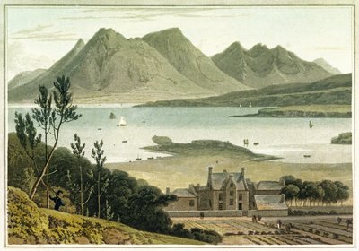 Vestlig udsigt fra Raasay Island (Skotland) med beskrivelse af en stor bygning og dens tilstødende haver. Radering i farver af William Daniell (1769-1837) af William Daniell