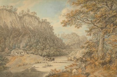 En scene i Derbyshire; Industriværker, der strækker sig over en flod af William Day