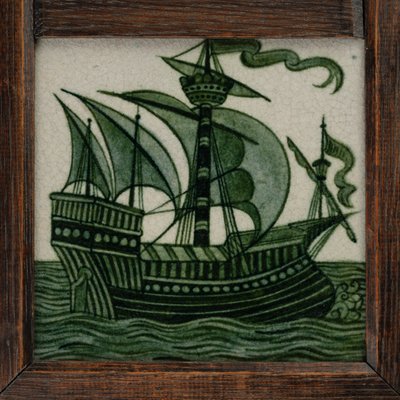 Flisepanel af skibe i fuld sejl, i ramme, ca. 1865-80 (keramik) af William de Morgan
