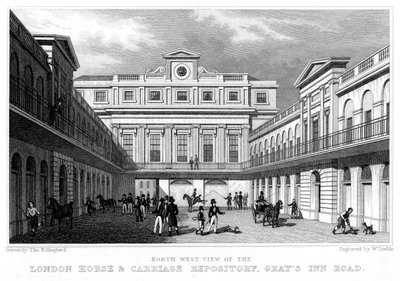 London Horse and Carriage Repository, Grays Inn Road, 1828. af William Deeble