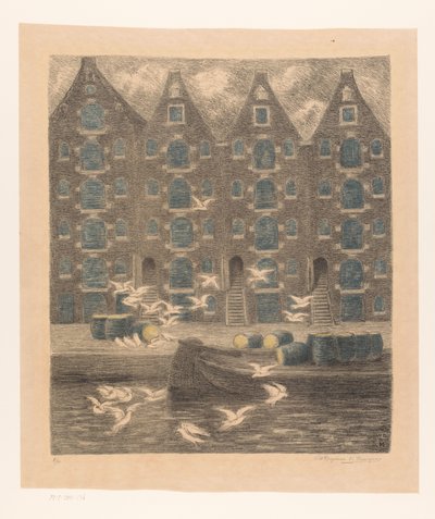 Pakhuse på Brouwersgracht i Amsterdam af William Degouve de Nuncques (signed by artist)