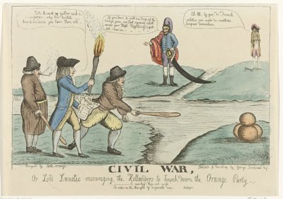 Engelsk tegneserie om den hollandske borgerstrid, 1787 Borgerkrig eller Lord Lunatic, der opmuntrer hollænderne til at vælte Orange Party (titel på objekt) af William Dent