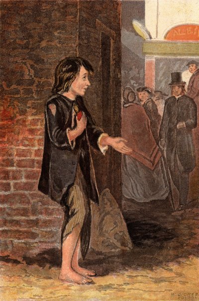 Et barn, der tigger om penge for at købe brød (chromolitho) af William Dickes
