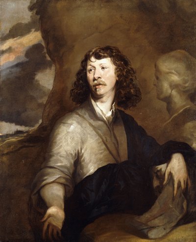 Portræt af en gentleman, muligvis kunstneren, i halv længde, i en brun kappe og blå omslag, ved siden af en marmorbuste, i et klippelandskab, af William Dobson