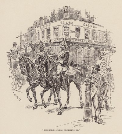"Hestevagterne tramper forbi" (kobberstik) af William Douglas Almond