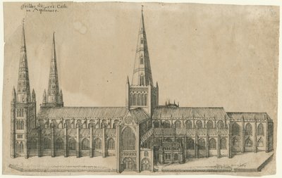 Lichfield Cathedral - South View: kobberpladegravering, nd [?midten af det 17. århundrede] af William Dugdale