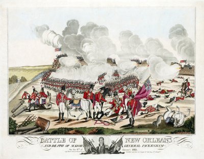 Slaget ved New Orleans og generalmajor Packenhams død den 8. januar 1815, pub. 1815 (farvet gravering) af William Edward (after) West