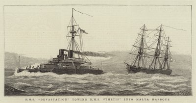 HMS Devastation bugserer HMS Thetis til Maltas havn af William Edward Atkins