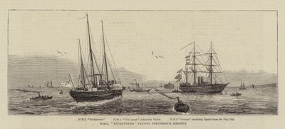 HMS Enchantress forlader Portsmouth Harbor af William Edward Atkins