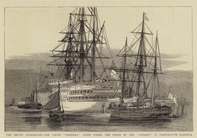 Den arktiske ekspedition, Yacht Pandora liggende under agterstavnen af Serapis i Portsmouth Havn af William Edward Atkins