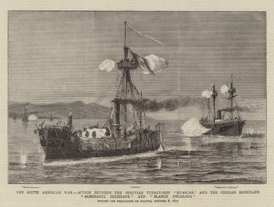 Den sydamerikanske krig, kamp mellem det peruvianske tårnskib Huascar og de chilenske panserskibene Almirante Cochrane og Blanco Encalada af William Edward Atkins