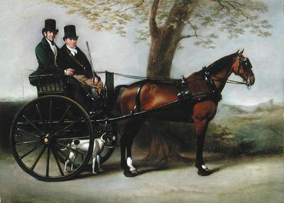 To Gentlemen in a Gig tegnet af en Bay Cob på vej til at skyde med deres Pointer af William Edward Frost