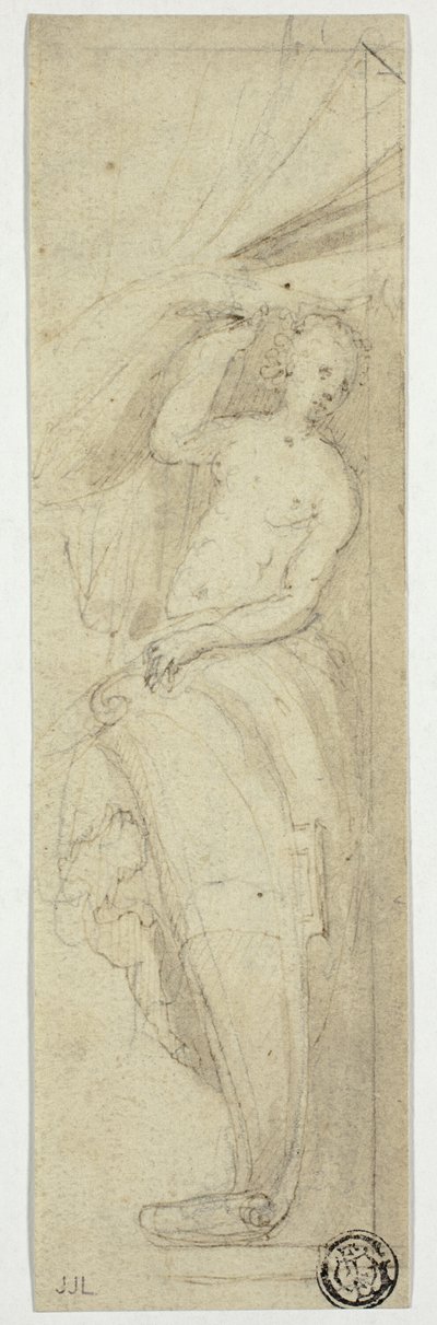 Kvindefigur trækker forhæng til side af William Etty