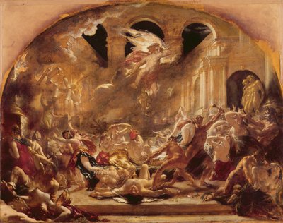 Ondskabens ødelæggende engel og dæmoner, der afbryder orgierne for de ondskabsfulde og uforsvarlige (olie på lærred) af William Etty