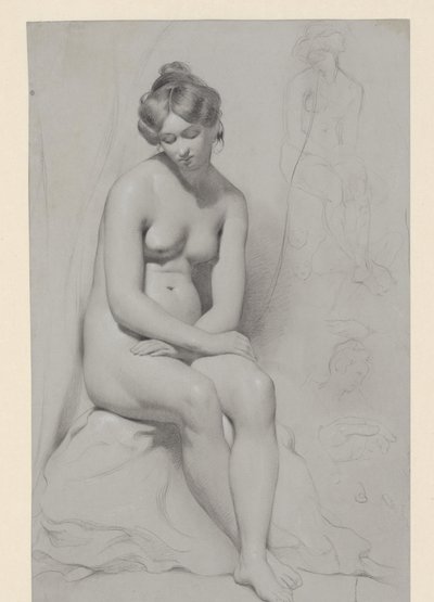 Siddende nøgen kvindelig model med høj klipning, skitseret igen ved siden af af William Etty