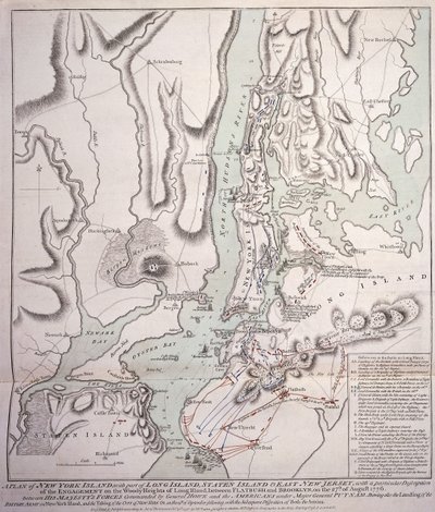 Plan over New York Island med en del af Long Island, Staten Island og East New Jersey og forlovelsen på Woody Heights på Long Island mellem de britiske styrker under kommando af general Sir William Howe af William Faden
