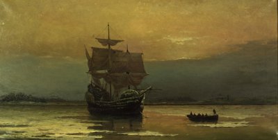Mayflower ved hendes ankomst til Plymouth Harbor, 1882. af William Formby Halsall