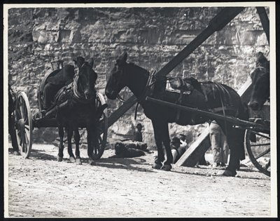 Vandret, sort / hvidt fotografi af to hestevogne ved et stenbrud af William G. Swekosky