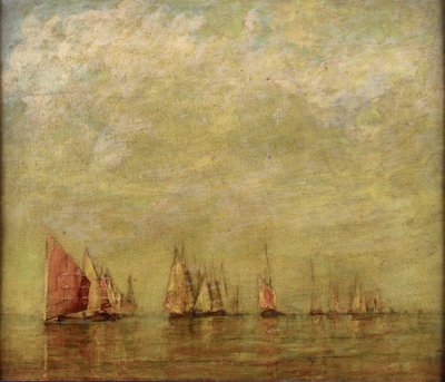 Venetianske både spejler sig i det rolige hav. Olie på træ af William Gedney Bunce