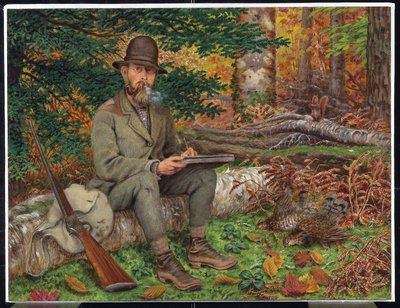 Selvportræt i jagtudstyr, ca. 1875 (olie & grafit på papir på lamineret fiberplade) af William George Richardson Hind