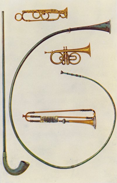 Musikinstrumenter: Lituus og Buccina, Kornett, Trompeter (farvelitografi) af William Gibb