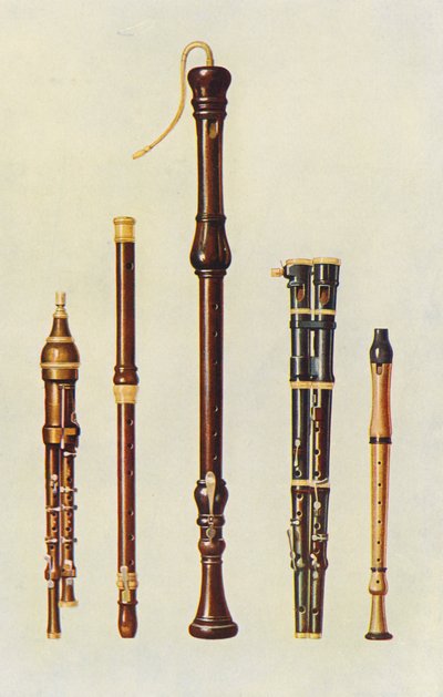 Musikinstrumenter: To dobbeltflageoletter, en tysk fløjte og to flutes douces (farvelitografi) af William Gibb