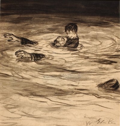 Han lægger sig på Gothecores ryg, og så krummer han sin højre arm om Gothecores hals - det almindelige garottekram. af William Glackens