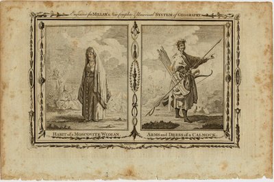 En moskovitisk kvindes vaner og en Kalmyks våben og kjole, ca 1730 af William Grainger