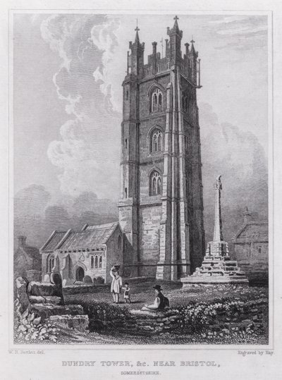 Dundry Tower osv. nær Bristol, Somersetshire (gravering) af William H. Bartlett